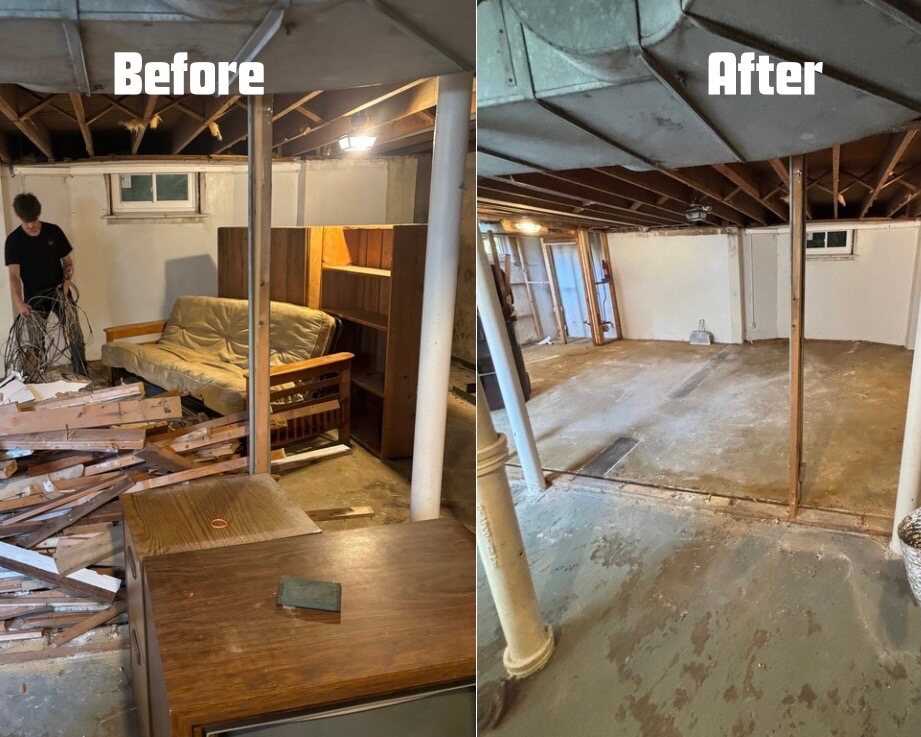 Before and after basement furniture and debris cleanout